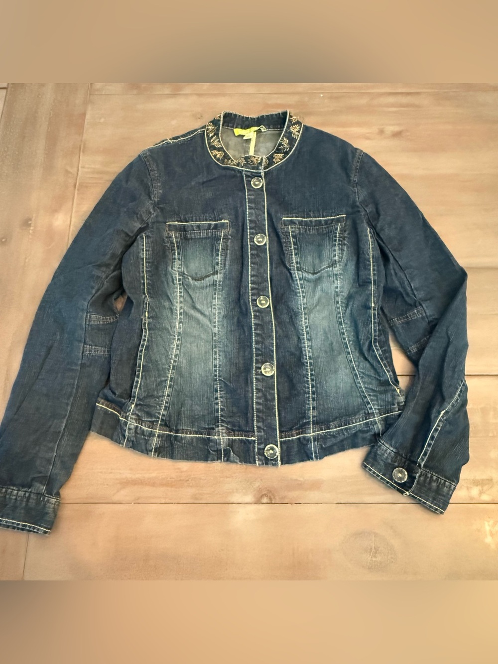 Sigrid Olsen Denim Jacket Beaded Collar Women’s Sz 6 Preowned